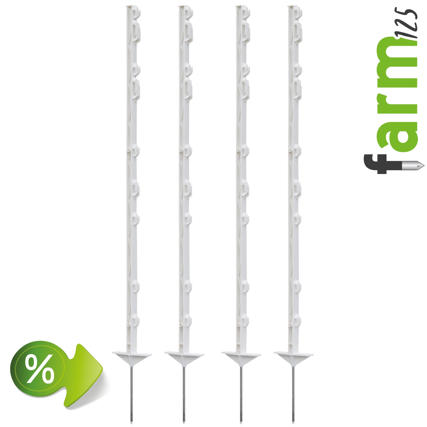 Doppelklicken zum vergrößern 40 weiße VOSS.farming Weidezaunpfähle „farm 125“ (125 cm, 9 Ösen), Markenlogo und grünes Prozentrabattsymbol.