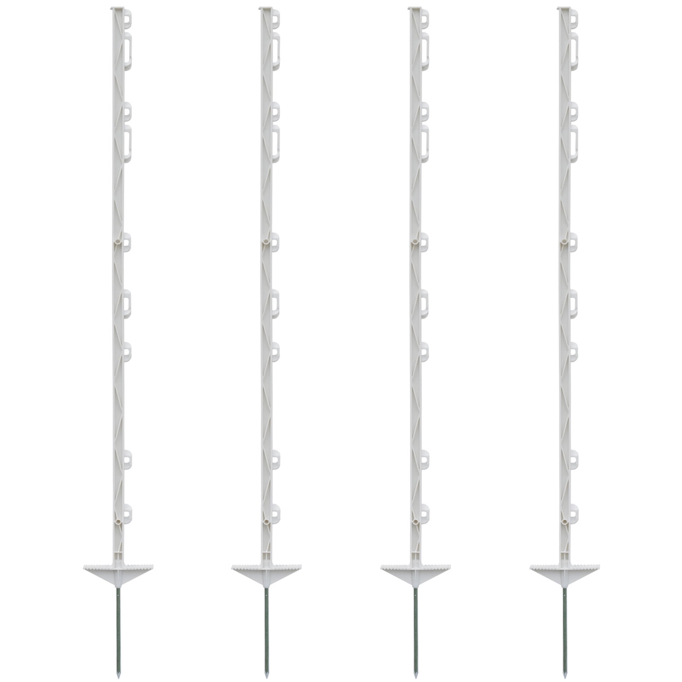 Doppelklicken zum vergrößern Vier weiße VOSS.farming Zaunpfähle „farm 125“ (125 cm, 9 Ösen) aus Kunststoff mit Metallpfählen, aufrecht in einer Reihe stehend.