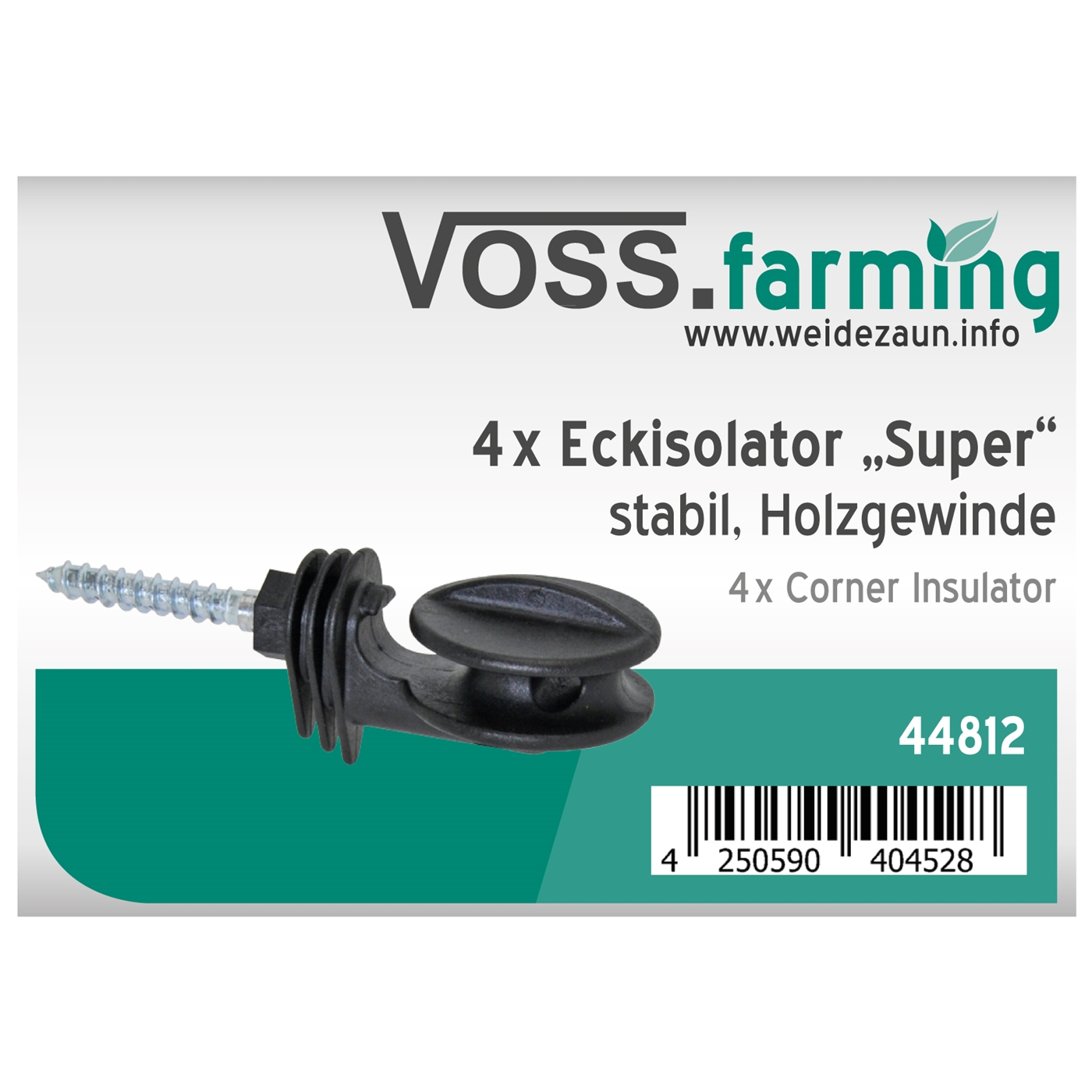 Karton für 4x VOSS.farming Eckisolator "SUPER", 8mm Stütze, extra stabil (Marke: VOSS.farming), in Deutsch und Englisch.