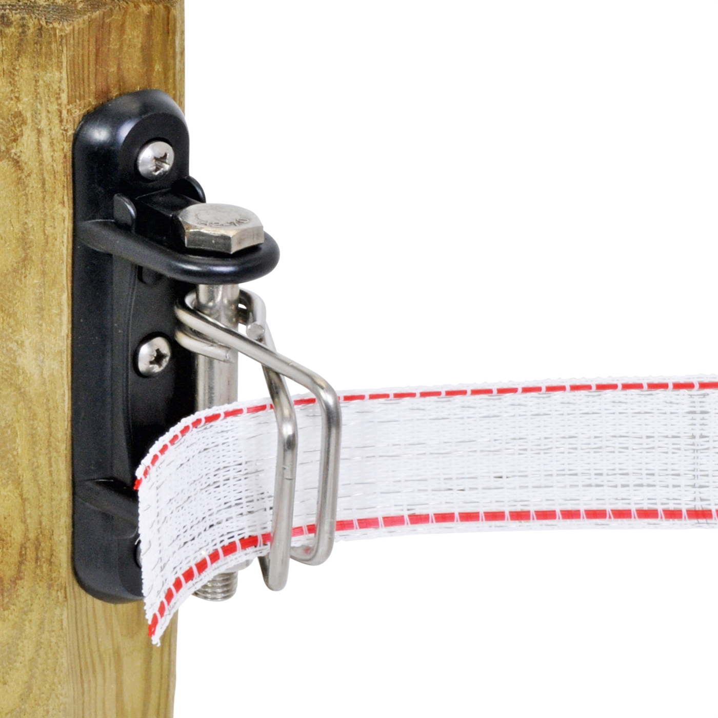 Doppelklicken zum vergrößern Nahaufnahme des VOSS.farming 2x Eck-, Anfangs- und Endisolators "Edelstahl" + Bügel, der beim Verbinden von Weidezaunband mit einem Holzpfosten zu sehen ist.