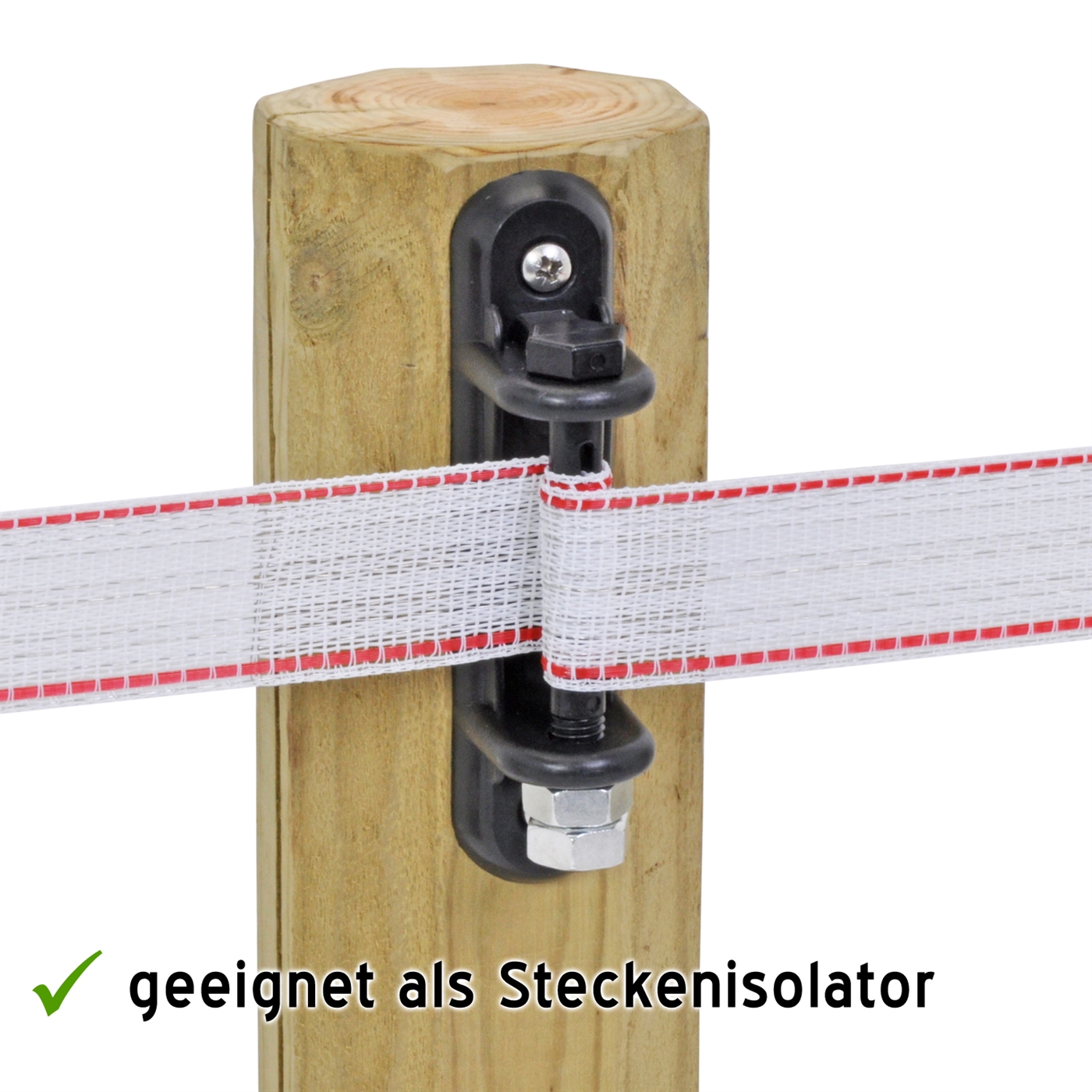 Ein 4x VOSS.farming Weideband-Spanner „Farming“ (bis 40mm) befestigt an einem Holzpfosten hält Weidezaunband; deutscher Text: geeignet als Steckenisolator.