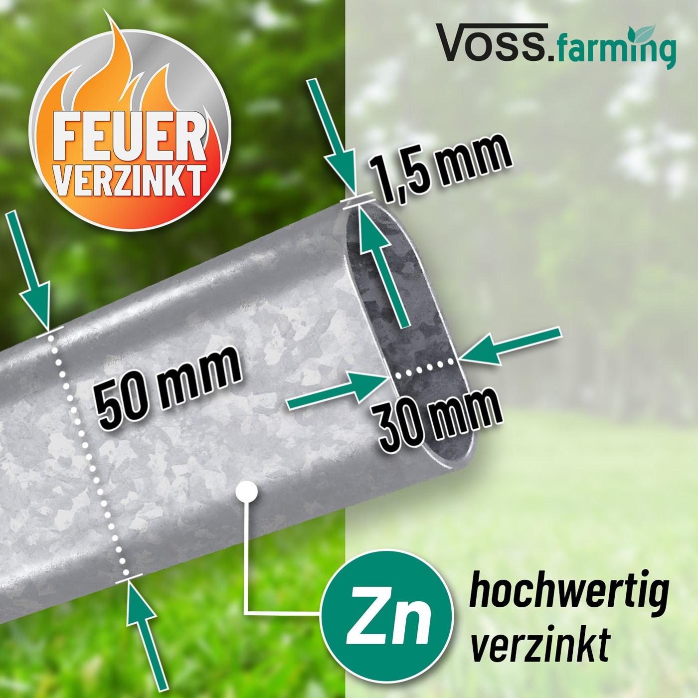 Nahaufnahme eines VOSS.farming Weidepanels (2,40 m Länge, 1,70 m Höhe), das ein verzinktes Metallrohr mit beschrifteten Abmessungen und deutschem Text zur Verzinkung zeigt.