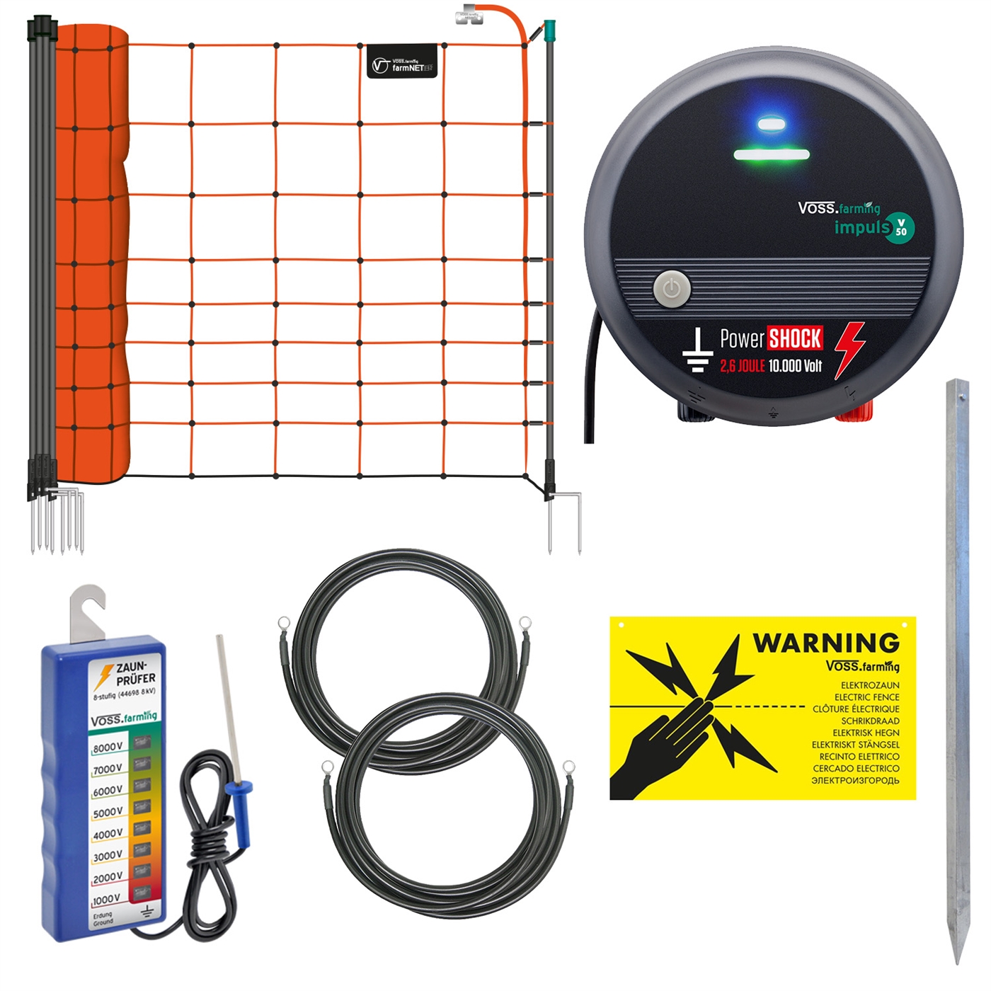 Das VOSS.farming Lama-, Alpaka- und Ziegenzaun-Set inkl. orangefarbenem 108cm Elektronetz, 230V Weidezaungerät "impuls V50", Erdungszubehör, Warnschild und Zaunprüfer (Komplett-Set). Übersicht der enthaltenen Elemente (abgebildete Stückzahlen können vom Lieferumfang abweichen) vor weißem Hintergrund. Der genaue Lieferumfang ist auf der Produktseite einsehbar.