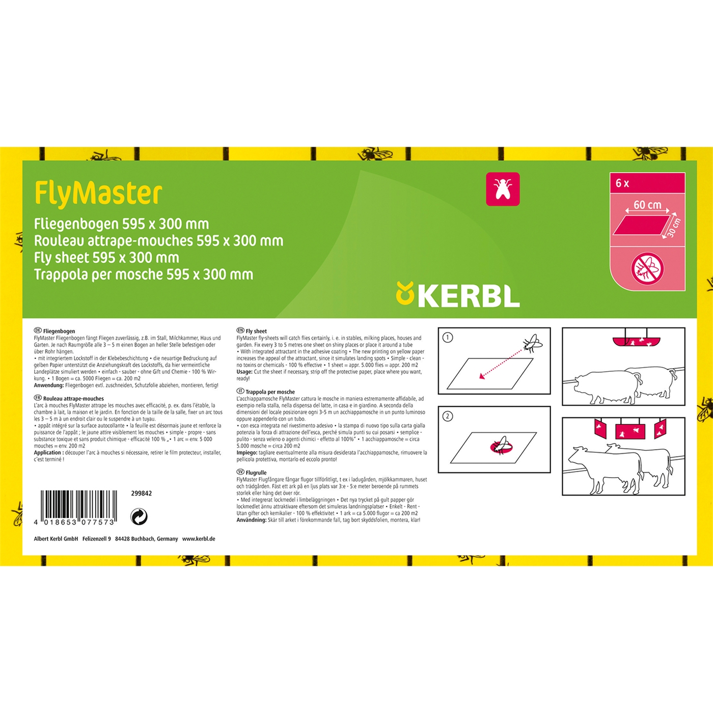 Doppelklicken zum vergrößern Verpackung für Kerbl Stallfliegenbogen FlyMaster 6 Bögen (595 x 300 mm) zur Stallfliegenbekämpfung mit Gebrauchsanweisung und mehrsprachigem Text.