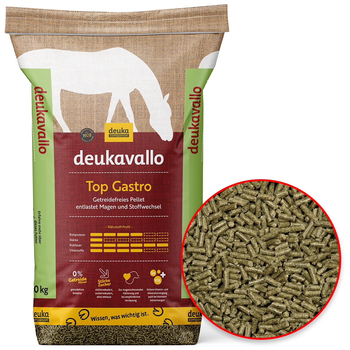 Ein Sack Deukavallo Top Gastro mit pelletiertem Pferdefutter, abgebildet zusammen mit einer Nahaufnahme der stärke- und zuckerarmen Pellets in einem roten Kreis.