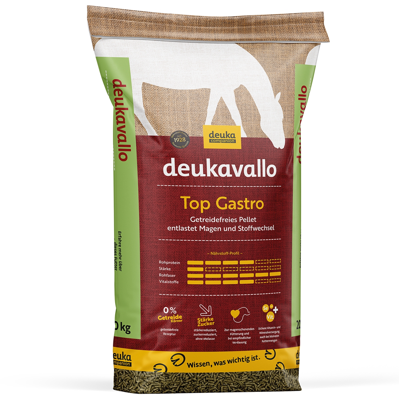 Ein Sack Deukavallo Top Gastro mit einer Pferdesilhouette; der Text auf der Verpackung hebt die getreidefreie Formel hervor.
