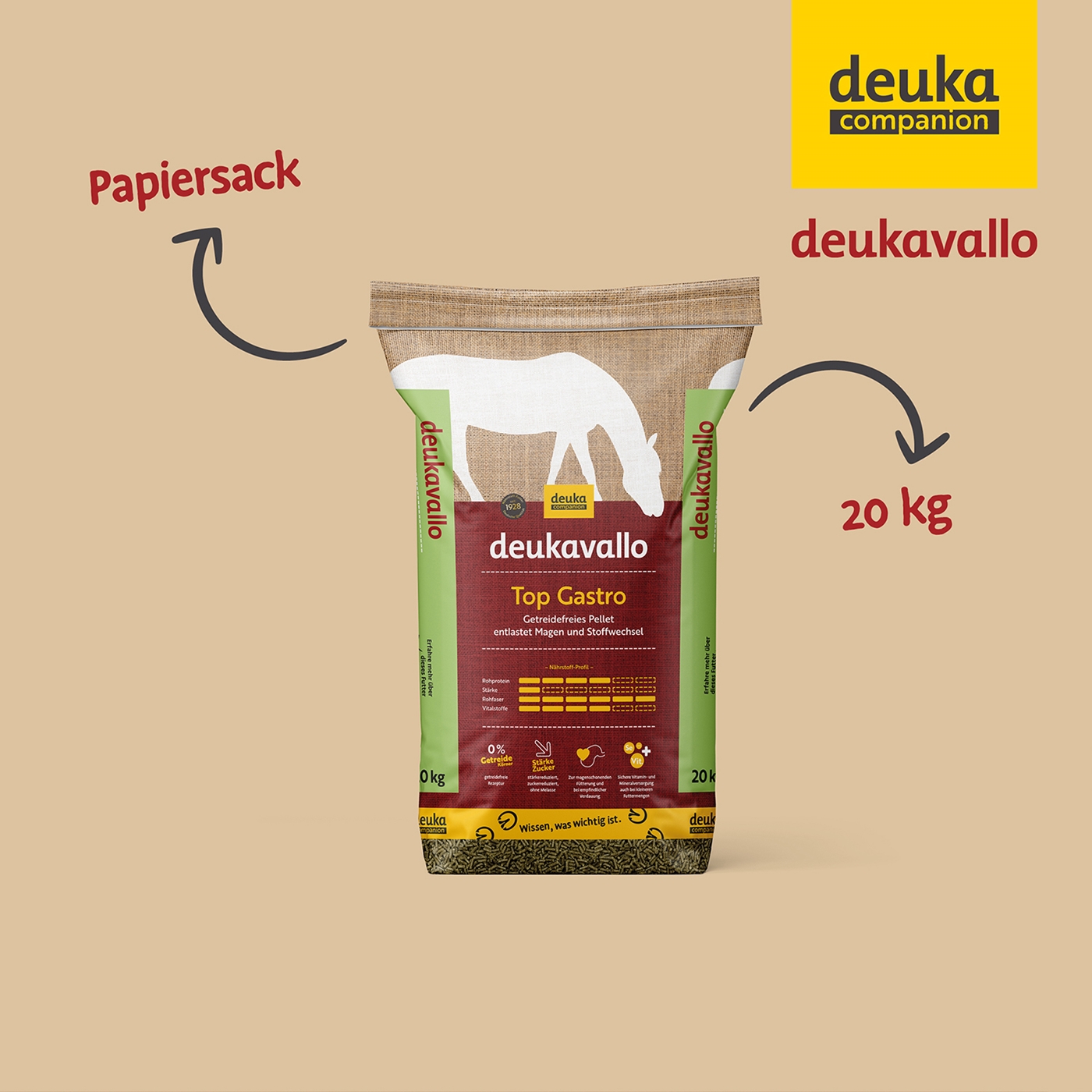 Ein ungeöffneter Papiersack Deukavallo Top Gastro steht auf beigem Hintergrund. Auf der Verpackung ist eine weiße Pferdesilhouette zu sehen.
