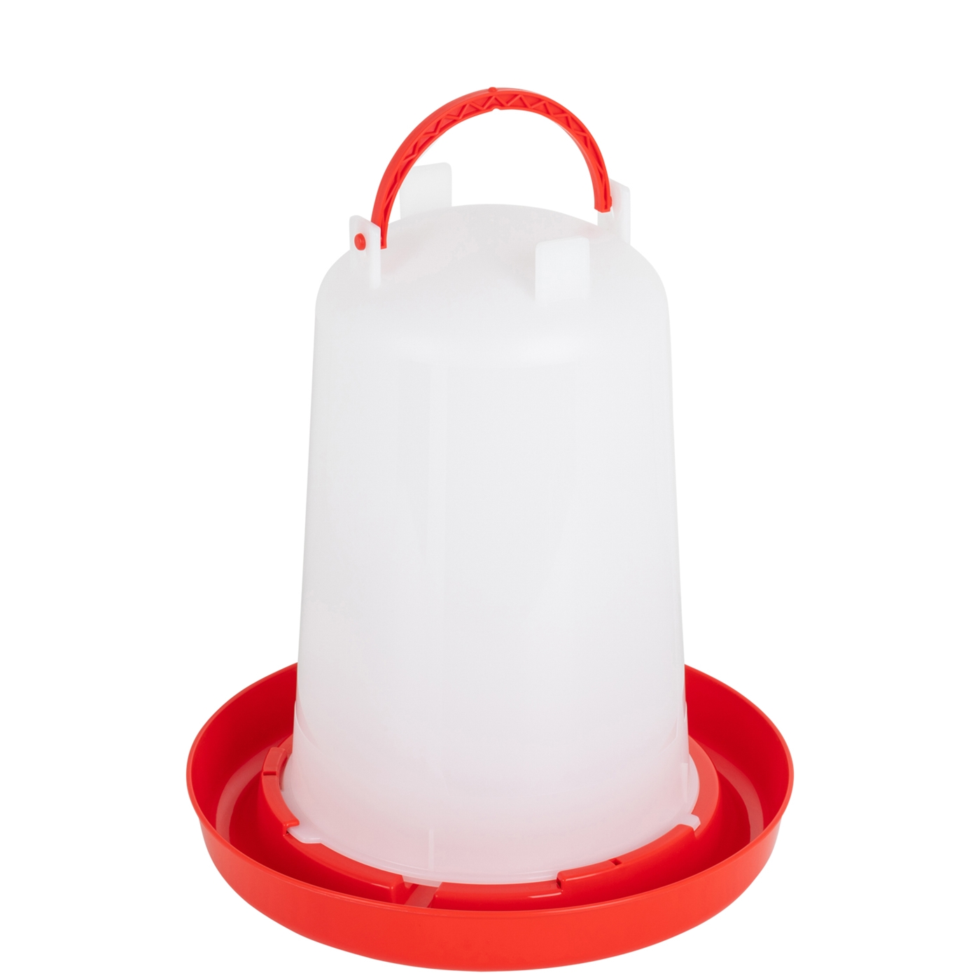 Doppelklicken zum vergrößern Geflügeltränke mit Bajonettverschluß, Inhalt 6L: Weiße Kunststofftränke mit rotem Boden und Henkel, ideal zum Tränken von Hühnern oder anderen Geflügel.