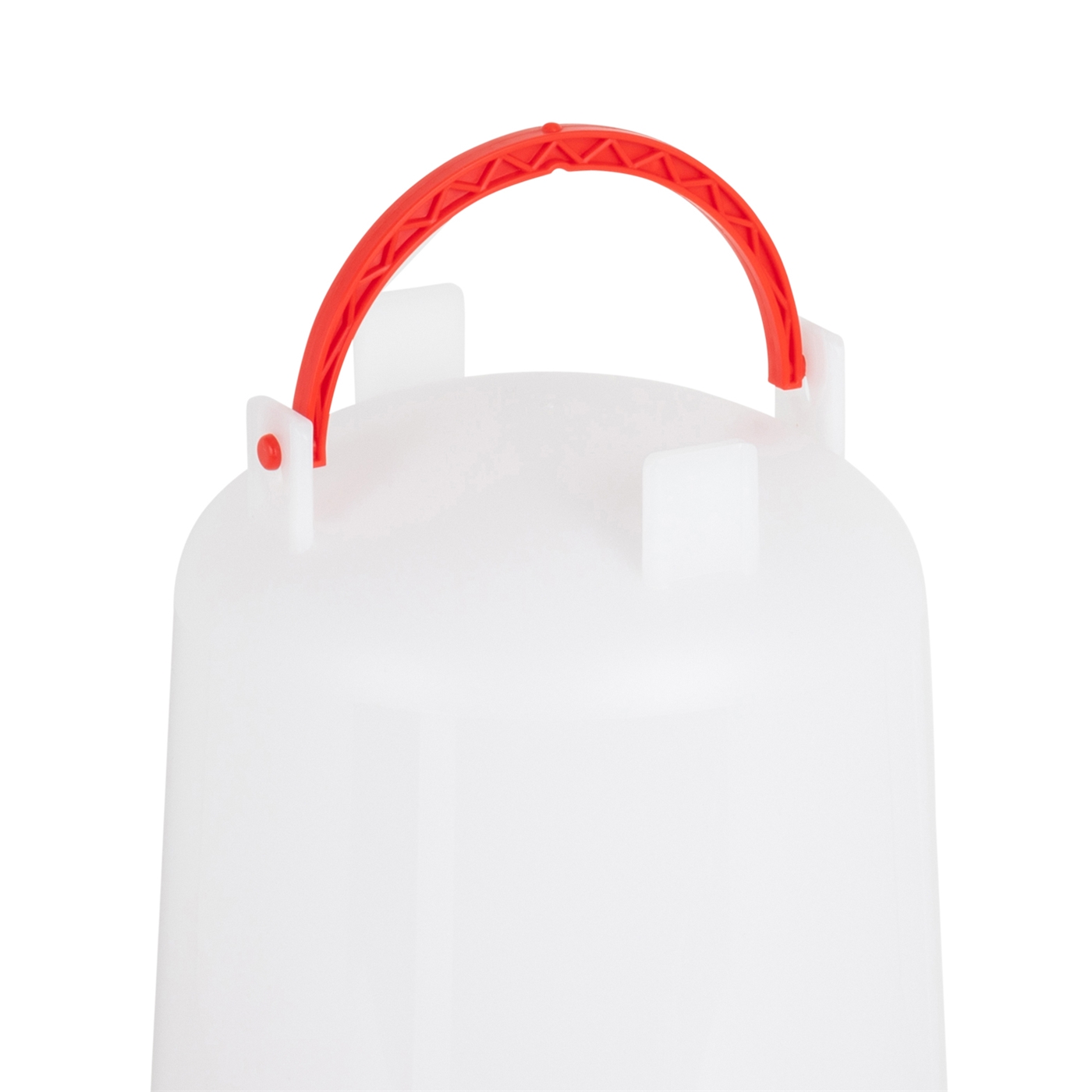 Doppelklicken zum vergrößern Geflügeltränke mit Bajonettverschluß, Inhalt 6L: Weißer Kunststoffbehälter mit rotem, gebogenem Griff und zwei senkrechten Laschen nahe dem oberen Rand.