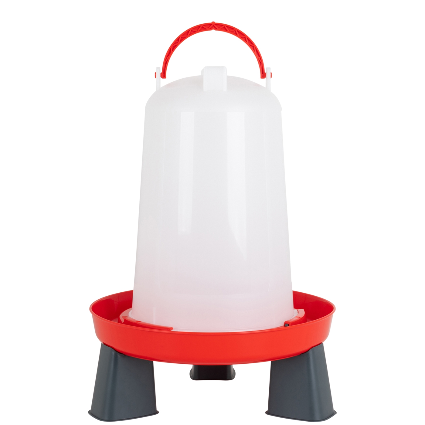 Doppelklicken zum vergrößern Geflügeltränke mit Bajonettverschluss, Inhalt 6L: Roter Standfuß, weißer Behälter, Henkel und vier kurze Standbeine für sicheren Halt.