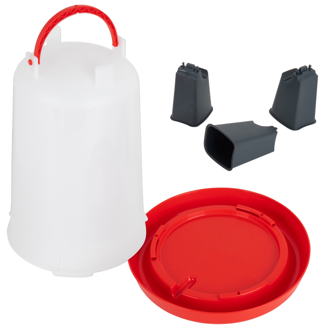 Doppelklicken zum vergrößern Geflügeltränke mit Bajonettverschluß, 6L: Weißer Kunststoffbehälter mit rotem Griff, rotem Deckel und vier grauen Kunststoffaufsätzen vor weißem Hintergrund.