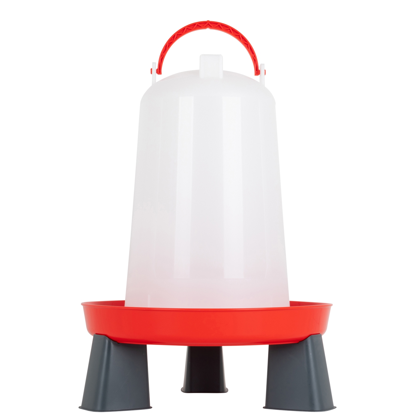 Doppelklicken zum vergrößern Geflügeltränke mit Bajonettverschluss, 6L, mit weißem Behälter, rotem Boden und grauen Beinen auf weißem Hintergrund.