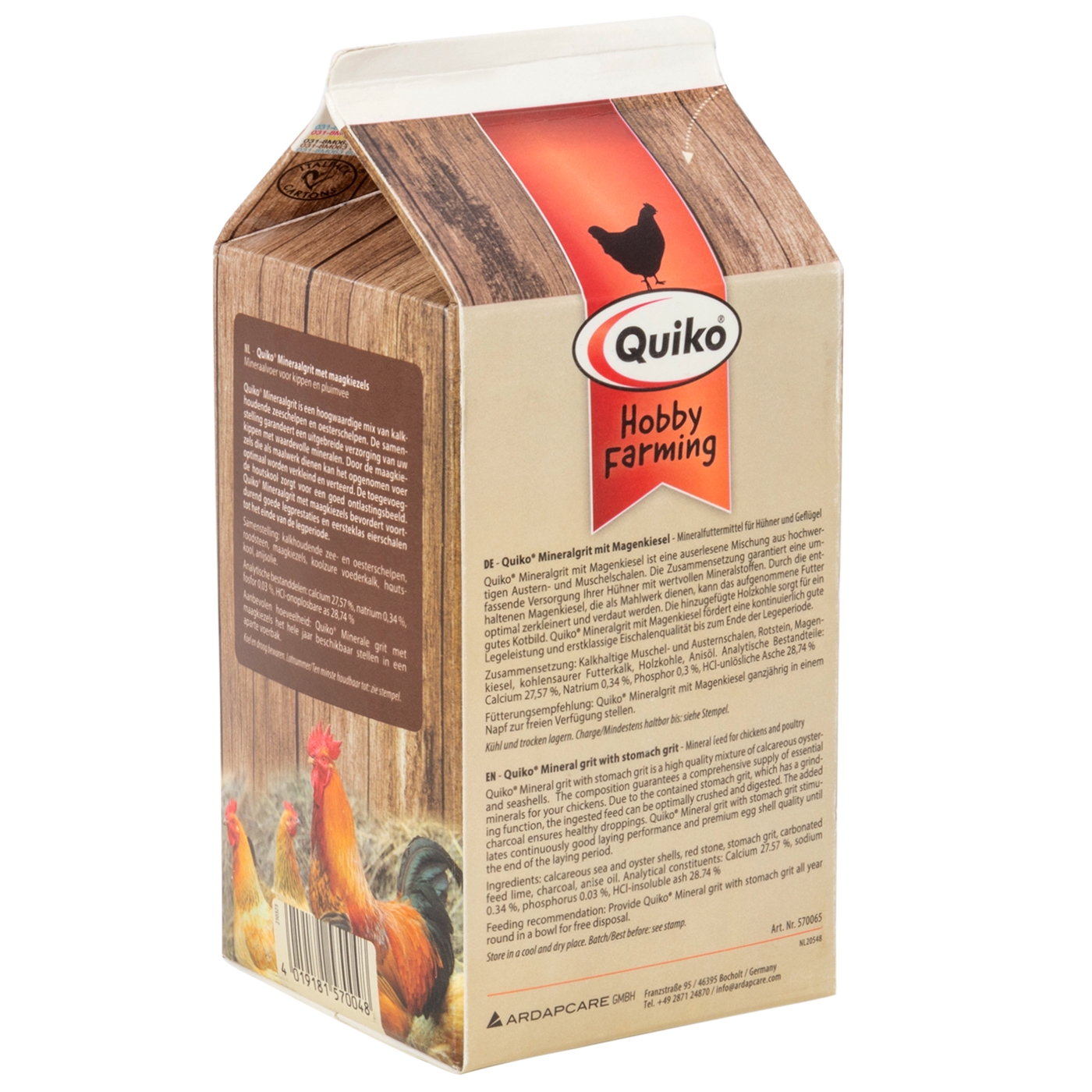 Doppelklicken zum vergrößern Ein Quiko-Karton mit der Aufschrift „Hobby Farming Mineralgrit mit Magenkiesel, Mineralfutter für Hühner und Geflügel, 1,5 kg“ enthält Hühnerbilder und Produktinformationen auf der Rückseite.