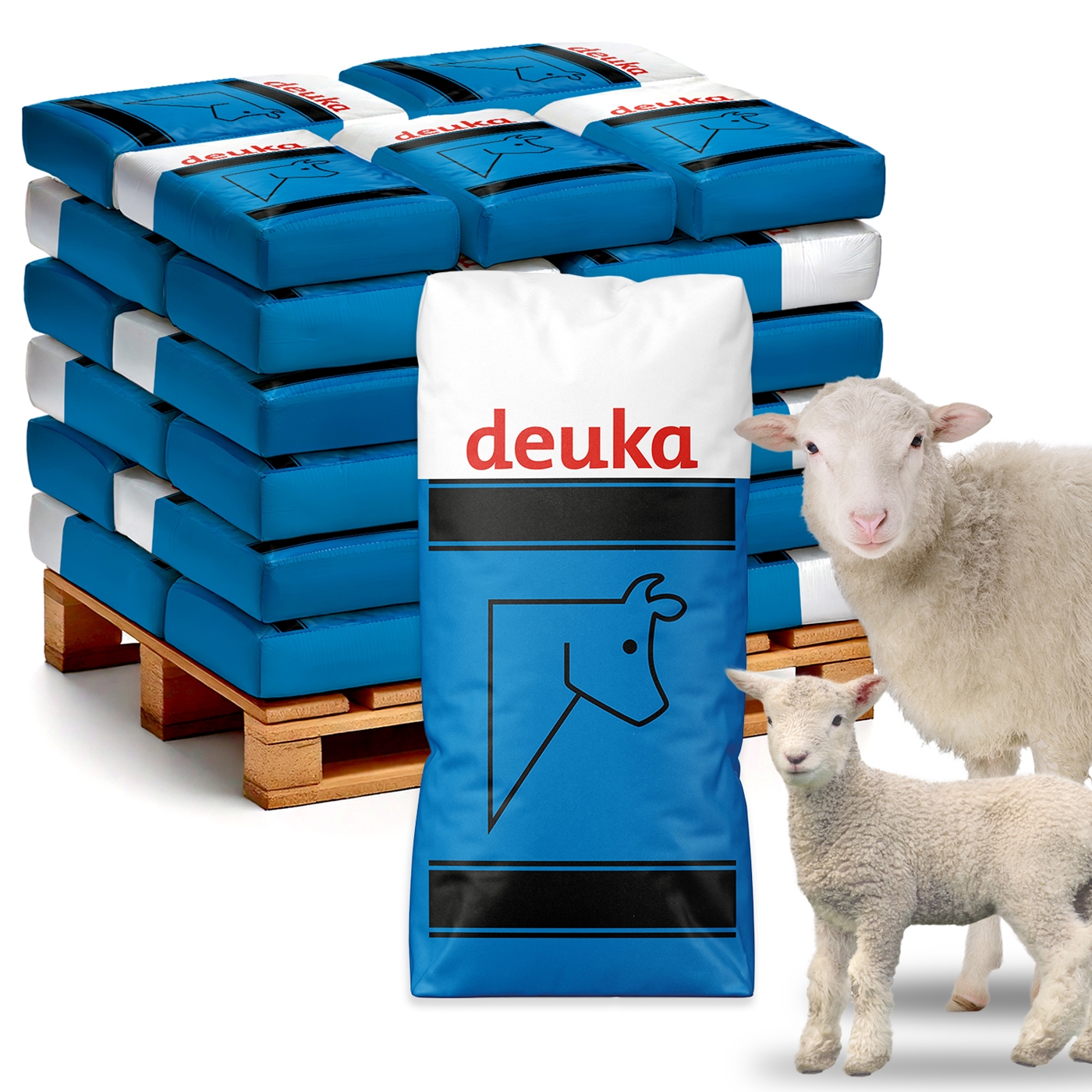 Deuka Schaf- und Lammfutter 30x25kg Ergänzungsfutter für Weide und Stall. Auf einer Palette im Hintergrund sind 30 Futtersäcke auf einer Palette abgebildet. Vorne ein stehender Futtersack, daneben ein Schaf und ein Lamm.