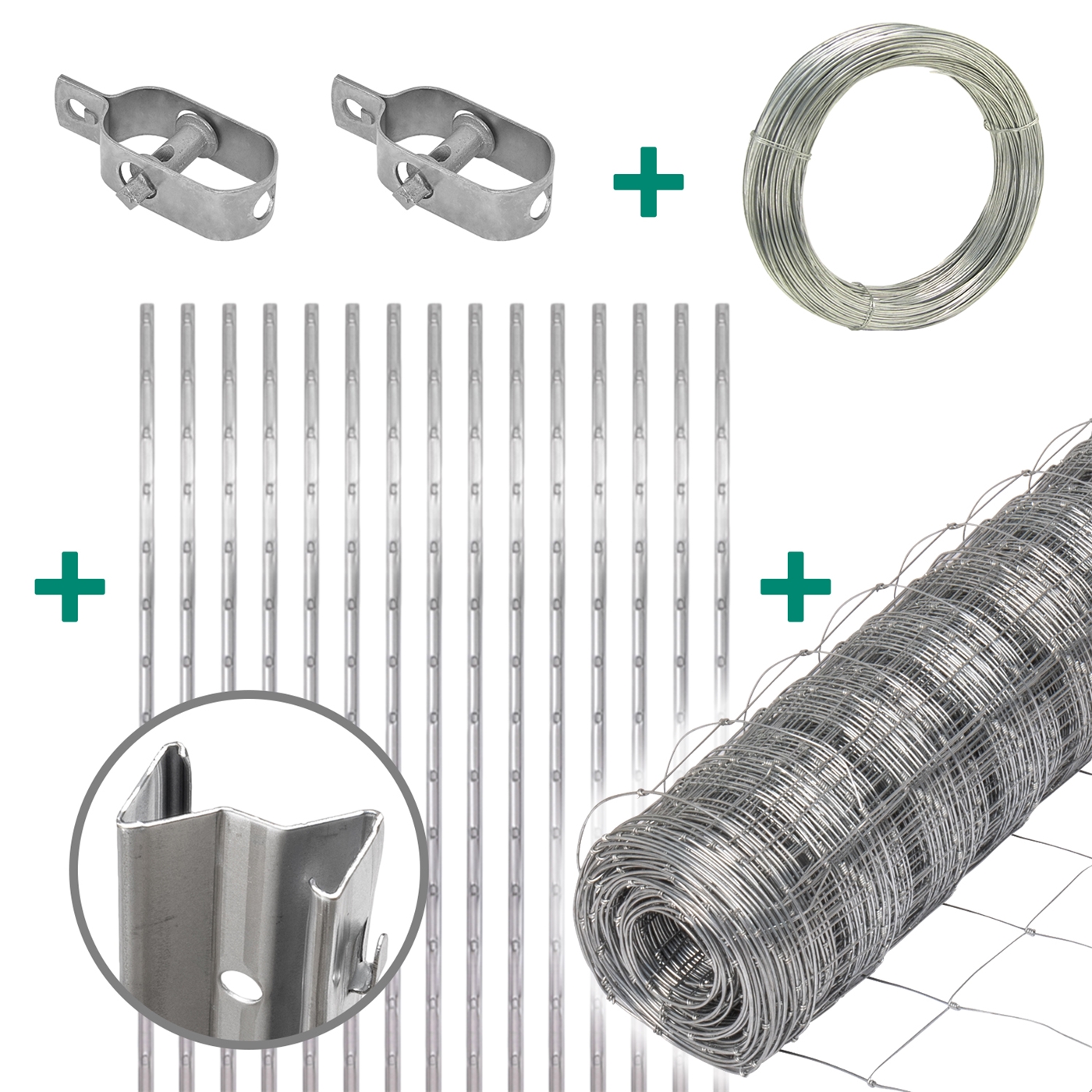 Das VOSS.farming 50m Classic Wildzaun Komplettset beinhaltet Z-Profilpfosten, Spanndraht, Drahtspanner und Knotengeflecht.