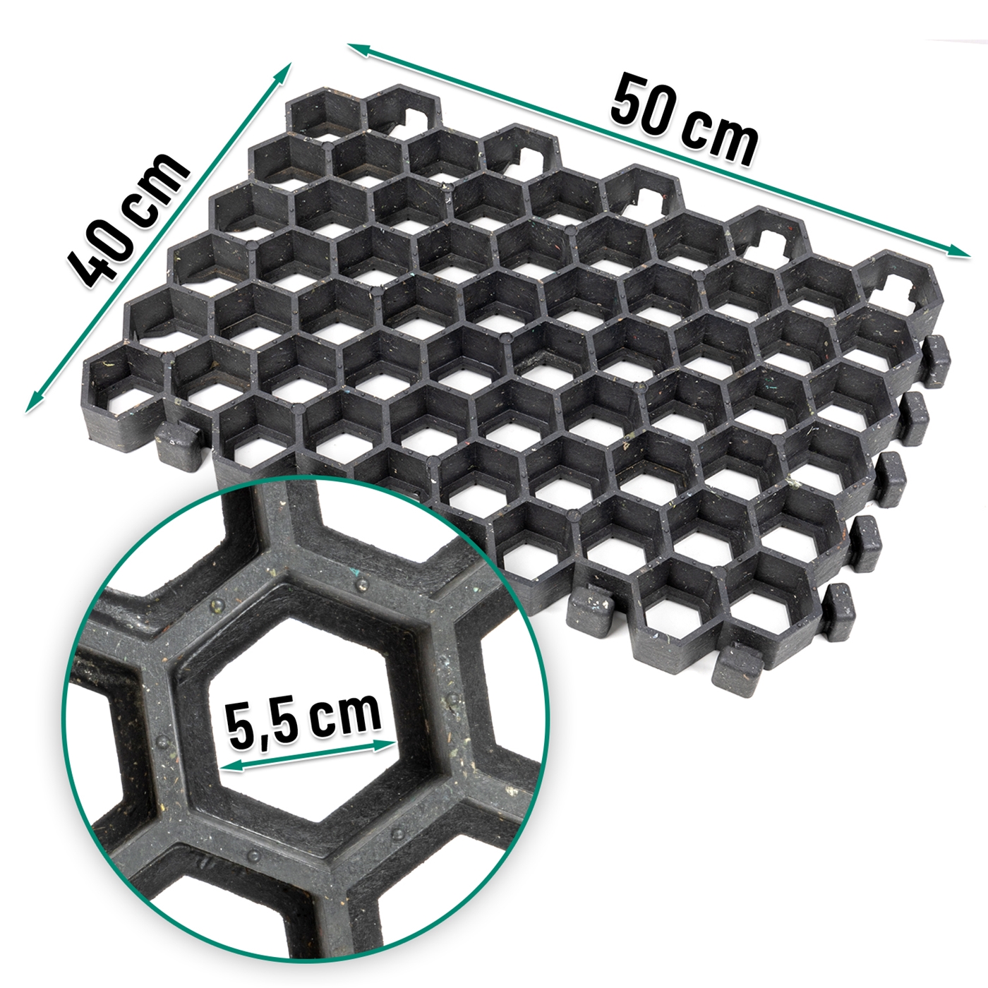 Doppelklicken zum vergrößern VOSS.farming Paddockplatte Rasengitter 50x40x4cm mit sechseckigen Wabenzellen (5,5 cm Durchmesser), schwarzes Wabengitter; Nahaufnahme inklusive.