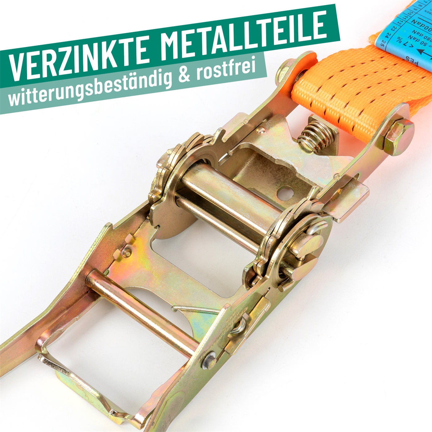 Doppelklicken zum vergrößern Nahaufnahme des Spanngurts mit Ratsche + 2 Haken, 6–12 m, 50 mm, 4000 kg. Er zeigt das orangefarbene Gurtband und den deutschen Text, der die Wetterbeständigkeit und Rostbeständigkeit hervorhebt.