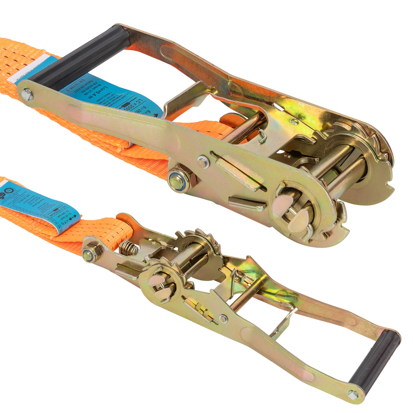 Doppelklicken zum vergrößern Set aus 2 Spanngurten mit Ratsche und 2 Haken, Länge 6–12m, Breite 50mm, Belastbarkeit bis 4000kg – ideal zum Sichern von Ladung.