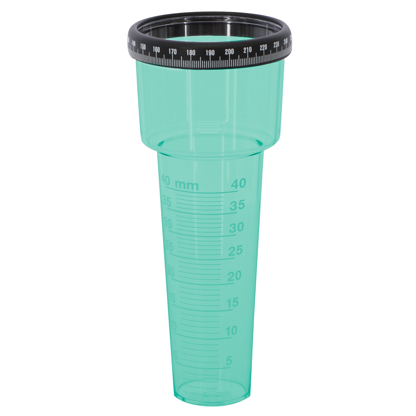 Doppelklicken zum vergrößern Der Kerbl Regenmesser mit Zählring ist ein transparent-grüner Regenmesser mit schwarzem Drehzifferblatt und Messmarkierungen bis 40 ml zur einfachen Niederschlagsmessung.