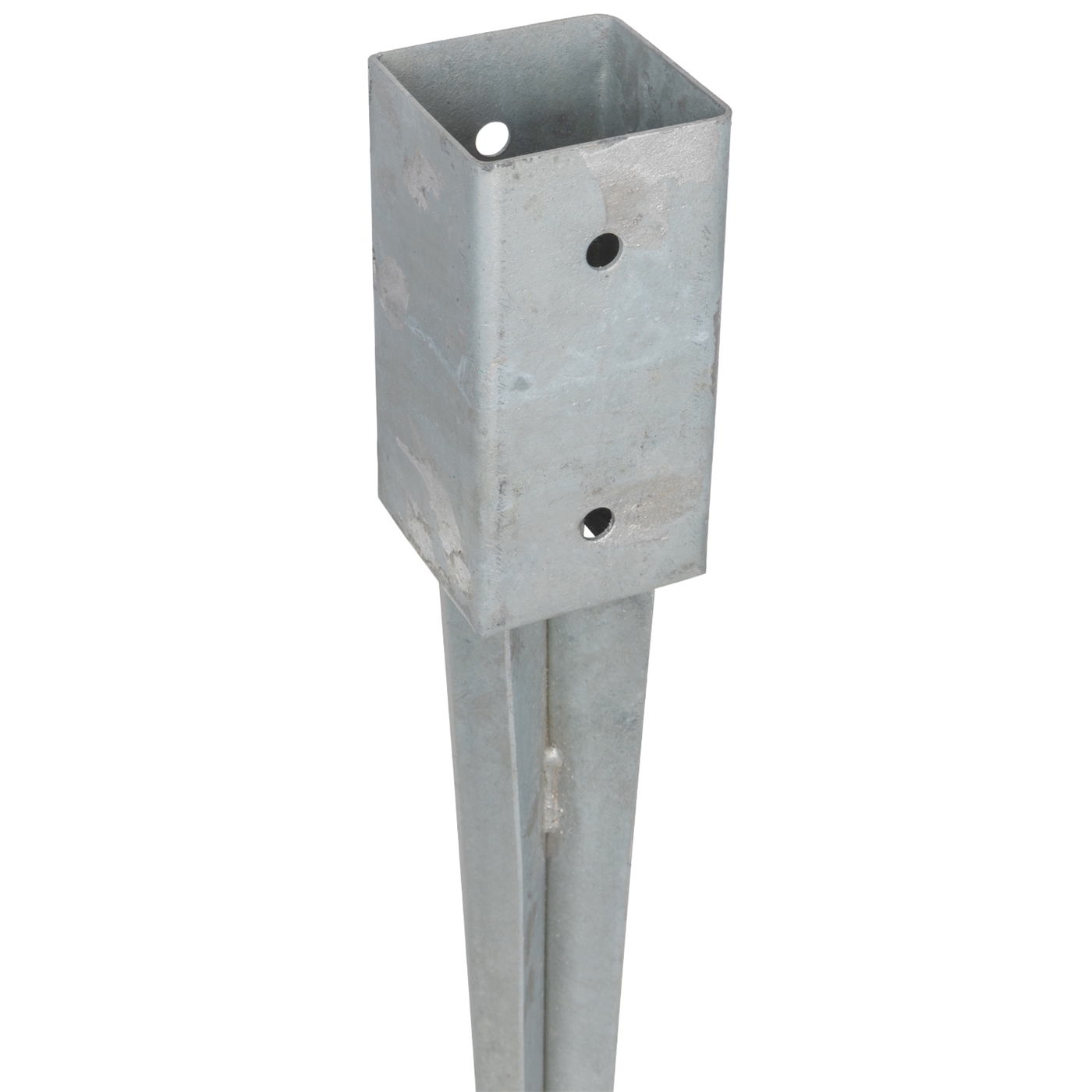 Bodeneinschlaghülse, Metall, 7 x 7 x 75cm: Metall-Erdspieß mit Vierkanthalterung und vorgebohrten Löchern zur Befestigung von Pfosten.