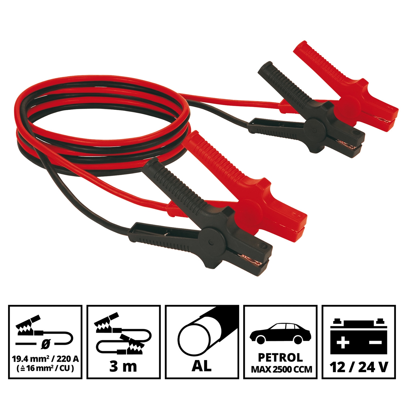 Doppelklicken zum vergrößern Das Einhell Starthilfekabel BT-BO 16/1 A verfügt über rote und schwarze Kabel, 19,4 mm² Aluminiumdraht und vier vollständig isolierte Klemmen. Die Spezifikationen und Verwendungssymbole sind unten aufgeführt.