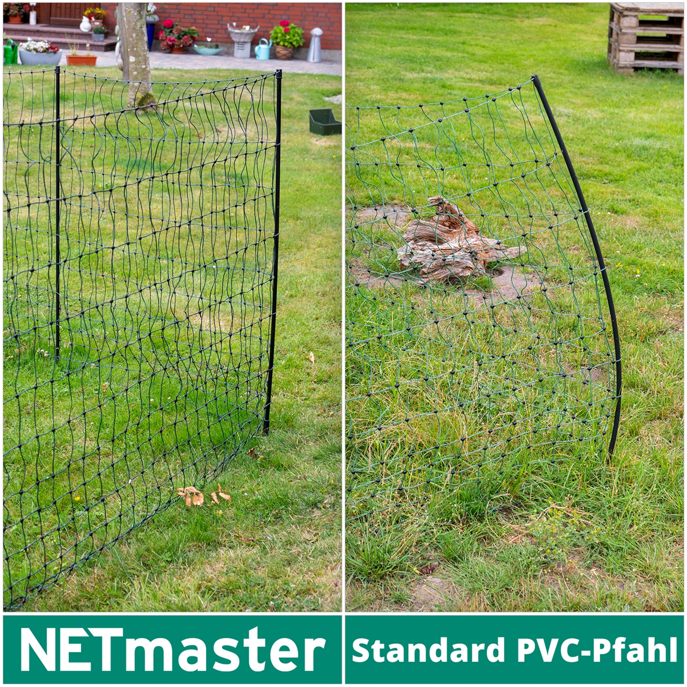 Im Vergleich das ein NETmaster Pfahl und ein Standard PVC Pfahl auf Gras. Es ist klar ersichtlich, dass der NETmaster-Pfahl eine höhere Stabilität aufweist als der PVC-Standardpfahl, der eine deutliche Biegung zeigt