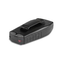 Der DogTrace "D-Control Edge 450" Ferntrainer hat ein schwarzes Akkupack mit Gürtelclip, abgebildet auf weißem Hintergrund.