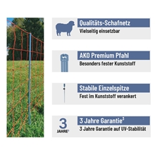 AKO OviNet Premium 50m Schafnetz, Schafzaun, 90cm, 14 verstärkte Pfähle, 1 Spitze, orange