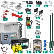 Das VOSS.farming Pferdezaun T-Pfosten-Set für 1200m enthält Pfosten, 3 Seilreihen, Verbinder, Werkzeug und ein 12V-Elektrozaungerät für Pferdegehege.