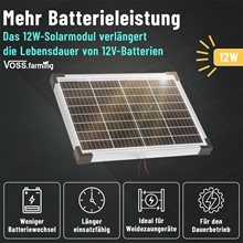 VOSS.farming Solarmodul 12 W mit Spannungsregler, 350 × 270 × 25 mm, Solarmodul für Weidezaungeräte, abgebildet mit deutschem Text, der Merkmale wie längere Batterielebensdauer, geringeren Wartungsaufwand und Dauerbetrieb hervorhebt.