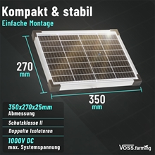 VOSS.farming Solarmodul 12 W mit Spannungsregler, 350 × 270 × 25 mm, Solarmodul für Weidezaungeräte, dargestellt als rechteckiges Solarmodul mit technischen Abmessungen und Beschriftungen wie Kompakt & stabil und Einfache Montage.