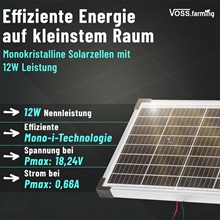 Ein VOSS.farming-Solarmodul 12 W mit Spannungsregler (350 × 270 × 25 mm), Solarmodul für Weidezaungeräte, dessen technische Daten – darunter eine Spannung von 18,24 V und eine Stromstärke von 0,66 A – im Text neben dem Produkt aufgeführt sind.