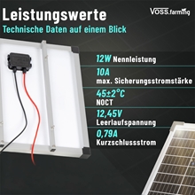 VOSS.farming Solarmodul 12 W mit Spannungsregler, 350 × 270 × 25 mm, mit technischen Angaben zu einer Leistung von 12 W, einer Stromstärke von 10 A und den Nennspannungswerten.