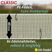 5x Weidezaunband "CLASSIC" 200m, 40mm, 8x0,16 Niro, weiß (inkl. 5 Verbinder & Warnschild)