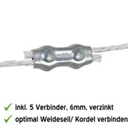 5x Weidezaunseil 200 m, 6 mm, 7x0,20 Niro, inkl. 5 Verbinder & Warnschild