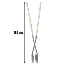 Der Erdlochausheber 90-200 mm ist ein Handbohrer mit langen Holzgriffen und Metallklingen, 180 cm hoch, ideal für den Zaunbau.