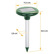 Das VOSS.sonic Doppelpack: Maulwurfvertreiber Solar „MoleEx 1000“ nutzt Schall und Vibration, solarbetrieben, mit Solarkopfdurchmesser 15,3cm, Höhe 33,5cm, Stabbreite 2,8cm.