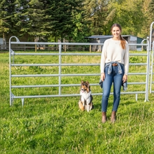 Nahaufnahme eines VOSS.farming Weidepanels mit Kettenschloss, überlagert mit Text, der beschreibt, wie mehrere VOSS.farming Panels verbunden werden.