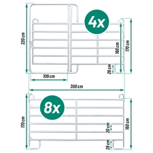 Das VOSS.farming Weidepanel Set mit Tor wird mit genauen Maßangaben abgebildet.