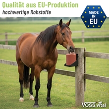 Ein braunes Pferd frisst von einem S.I.N. Hellas VOSS.vital Leckstein MineralLine Salzlecksteinblock (5 kg) an einem Holzzaun auf einer Wiese.