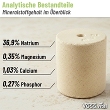 Der VOSS.vital Leckstein - BronchLine von S.I.N. Hellas (5kg) ist ein zylindrischer Mineralstoffblock mit Natrium 36,9%, Magnesium 0,35%, Calcium 1,03% und Phosphor 0,27%. Enthält Minze und Eukalyptus.