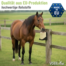 Ein braunes Pferd frisst an einem Holzzaun auf einer Wiese mit S.I.N. Hellas VOSS.vital Leckstein - BronchLine (5 kg, Minze & Eukalyptus), das den EU-Qualitätsstandards entspricht.