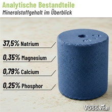 VOSS.vital Leckstein - FlyBye Block von S.I.N. Hellas: Blauer Mineral-Leckstein mit Ölen, zeigt die Anteile von Natrium, Magnesium, Calcium und Phosphor auf Deutsch an. 5kg.