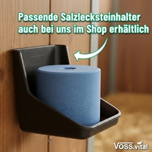 Der VOSS.vital Leckstein - FlyBye Block (5kg) von S.I.N. Hellas, ein blauer Mineralleckstein mit Ölen in einer schwarzen Halterung, ist an einer Holzwand mit deutschem Text und einem grünen Pfeil darüber angebracht.