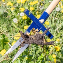 Der VOSS.farming Ampferstecher, ein extrem robuster Unkraut- und Wurzelentferner mit T-Griff, ist über Gras und gelbem Löwenzahn zu sehen.