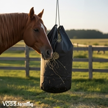 Ein Pferd frisst auf einer eingezäunten Weide Heu aus dem HayHarmony Heusack 195L Futterbeutel.