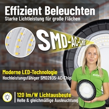 Nahaufnahme des LandXpert LED-Hallenstrahlers (4 × 100 W) mit der deutschen Aufschrift „Effizient Beleuchten“, einem SMD-AC-Chip für fortschrittliche Technologie und der Angabe „120 lm/W“ für eine leistungsstarke Lichtleistung von 12.000 lm pro Leuchte. Mit 5.000 K Tageslichtweiß und Schutzklasse IP65, was eine helle, effiziente Beleuchtung gewährleistet.