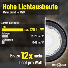 Eine Grafik zeigt die Lichtleistung von LEDs (120 lm/W; 4x LandXpert 100-W-Hallenstrahler, 12.000 lm, 5.000 K), Halogenlampen (15–25 lm/W) und Glühlampen (10–15 lm/W). Das Bild unterstreicht die hohe Effizienz der LandXpert-LEDs mit den Aufschriften „Hohe Lichtausbeute“ und „Bis zu 12x mehr Licht pro Watt“ oberhalb bzw. unterhalb einer groß abgebildeten, leuchtenden LED. Das LandXpert-Logo ist unten rechts zu sehen.