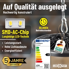 Werbegrafik für den LandXpert 4x 150 W LED-Hallenstrahler: mit SMD-AC-Chip, 30.000 Stunden Lebensdauer, 5 Jahre Garantie, deutsche Qualität, Energieeffizienzklasse A. Zeigt eine Nahaufnahme der LED, das Energieeffizienzlabel und die hängende Industrieleuchte. Technische Daten: 18.000 lm, 5.000 K Tageslichtweiß, IP65.