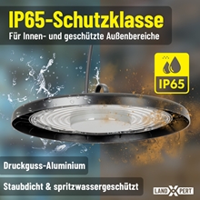 Ein runder LandXpert 150-W-LED-Hallenstrahler (4x) ist auf beiden Seiten mit Wasser und Staub abgebildet, was die Schutzklasse IP65 verdeutlicht: staub- und strahlwassergeschützt, für den Innenbereich und geschützte Außenbereiche. Hergestellt aus robustem Aluminiumdruckguss. 18.000 lm, 5.000 K Tageslichtweiß; unten das LandXpert-Logo.